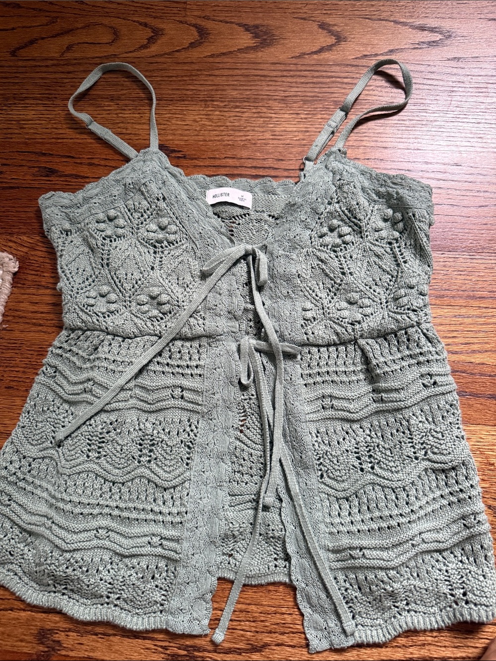 Hollister Sage Green Crochet Knit One-Piece with Tie Front